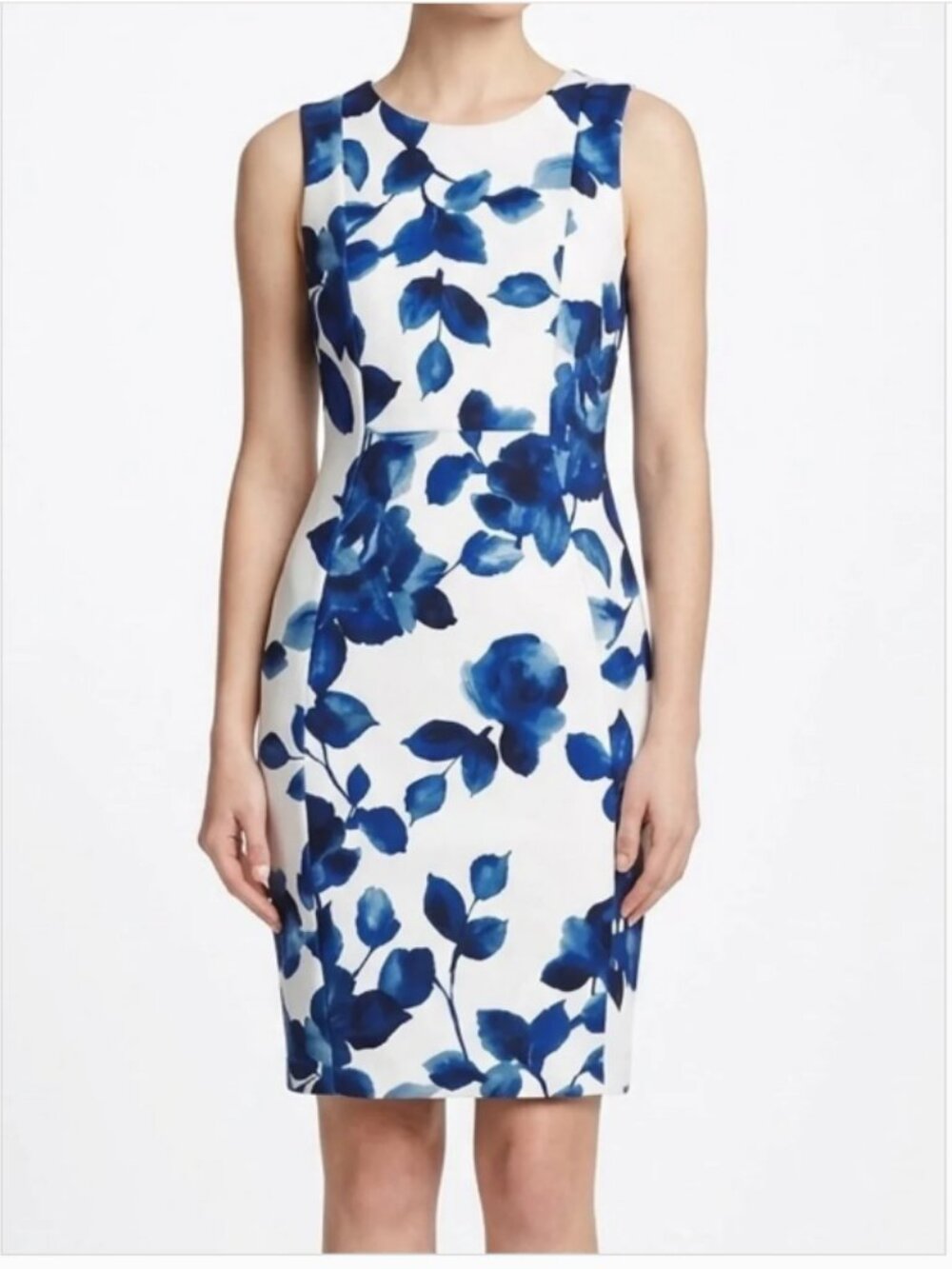 Calvin Klein Watercolor Floral Print Sheath Midi Dress 8P Blue/White Sleeveless